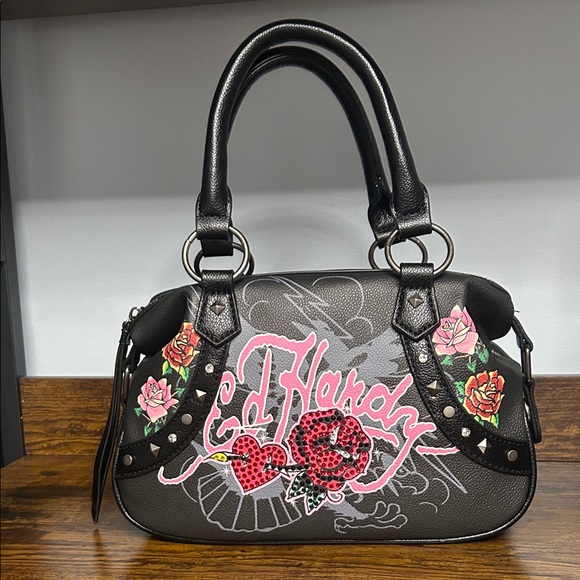 Ed Hardy Handbags - Ed Hardy Black and Pink Floral Satchel